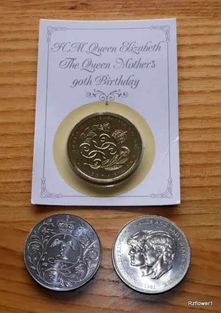 Set of 3 Royal coins - Queen Mother 90th, 1977 Silver jubilee, Charles Diana (b)