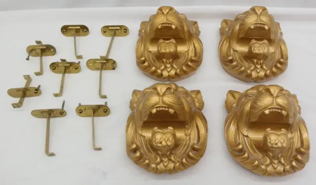 Lion Head Wall Hanging Sculpture Decor Gold Tone Set of 4   TF