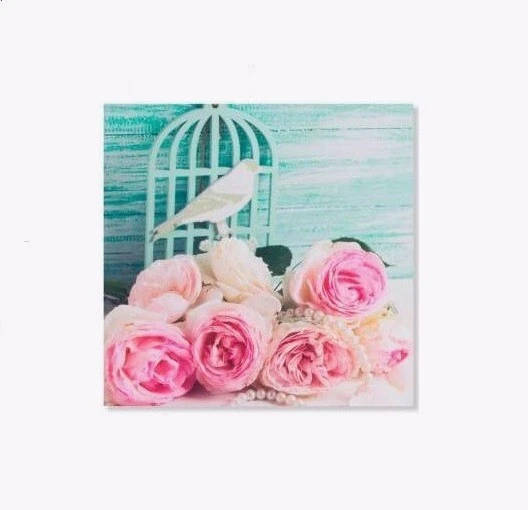 Tableau Toile Coeur Et Fleurs Roses - Style Romantique - 60x60 Cm - Bois Et Toile - Neuf - France