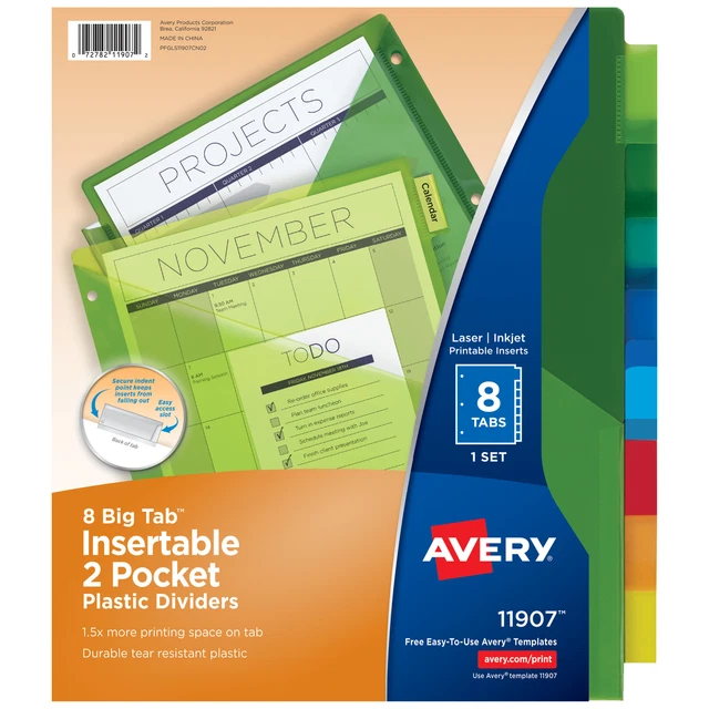 Two-Pocket Insertable Dividers, Plastic, 8-Tab, Multi-Color