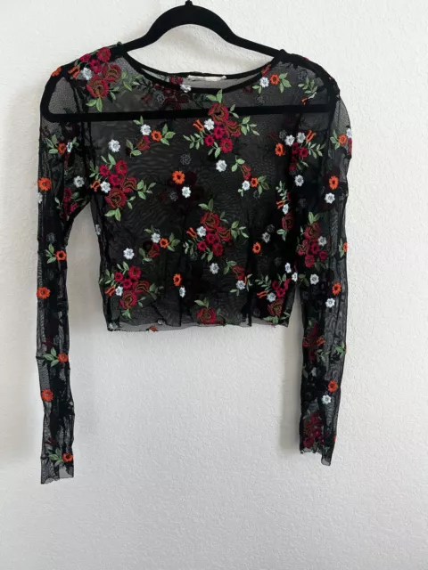 Small Urban Outfitters mesh floral long sleeve cropped sheer top