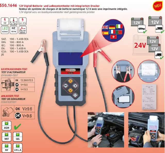 KS TOOLS 12V Digital-Batterietester mit integriertem Drucker 550.1646 Prüfgerät