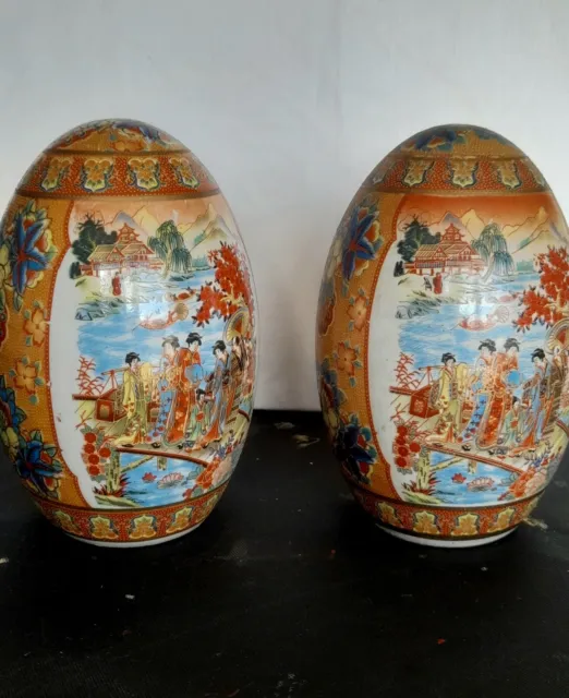 Pair Vintage Porcelain Satsuma Egg 8" Hand Painted Floral Traditional Scene