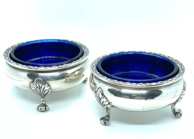 Sterling Silver Frank Whiting Talisman Rose Salt Cellars Cobalt Liners Pair (2)