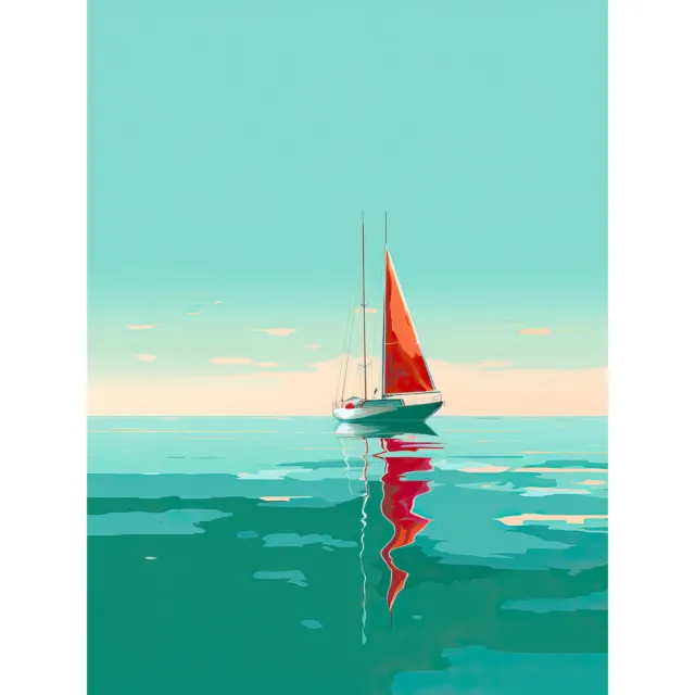 A Sailboat with a Red Sail Sailing on a Calm Sea Wall Art Canvas Print 18X24