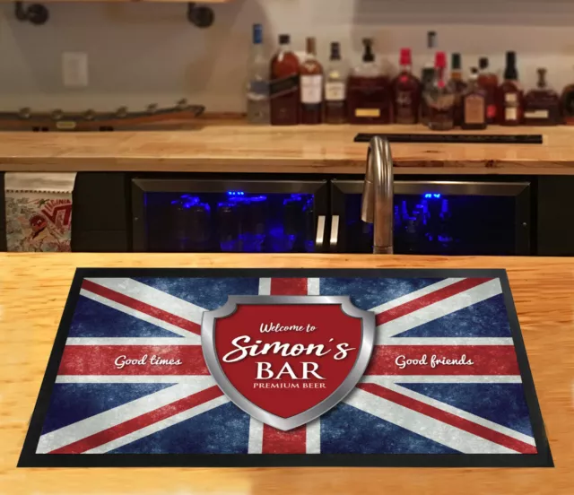 Personalised Bar runner Mat - Chrome crest Union Jack Flag Home Bar Bar Mat