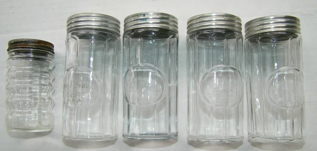 5 Antique Vintage Hoosier Five Ribbed Glass Spice Jar Set