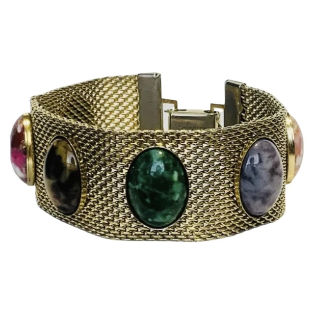 Vintage Sarah Coventry Multi Stone Cabochon￼ Gold Tone Link Women’s Bracelet 8in