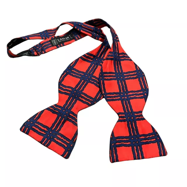 Lanvin Mens Red Blue Grid Plaid Silk Bow Tie One Size