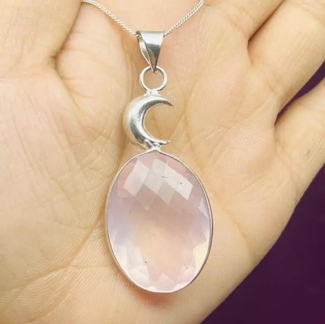 Grand pendentif charme demi-lune en quartz rose coupe ovale en argent...