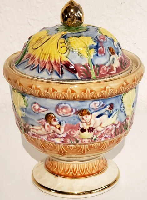Hand Painter Jar w/ lid Angelic Details Made in Japan. 6"