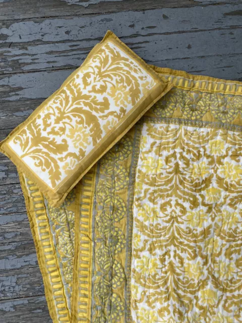 Yellow Floral Kantha Toddler Quilt/ Blanket & Pillow Cotton Petal Pushing Brand
