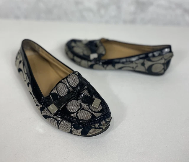 Coach Frida Loafers Monogram Logo Canvas Patent Leather Slip On Flats Black 6.5