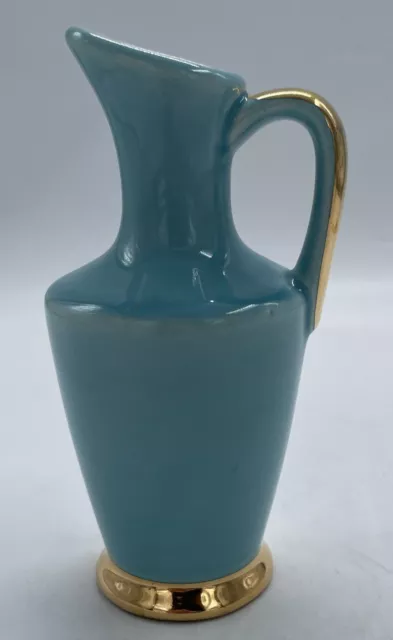 Vintage American Art Pottery Blue with Gold Gilt 7” Pitcher Vase Signed USA 210