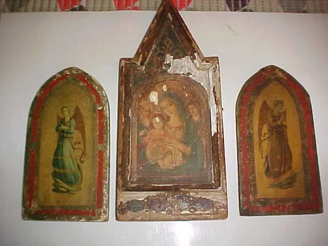 Icona Trittico Dipinto  Antico  Barocco  Madonna Con Bambino+2 Arcangeli Legno