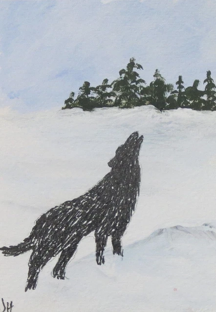 ACEO  Original mixed medium    "Wolf in Winter"  by Janet Hufnagle  snow  animal