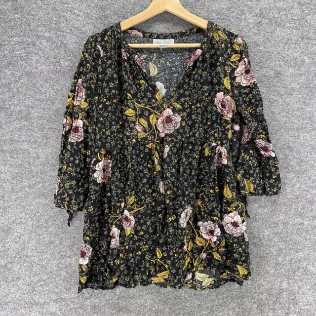 Motherhood Top Women M Maternity Black Floral 3/4 Sleeve V-Neck Rayon Blouse