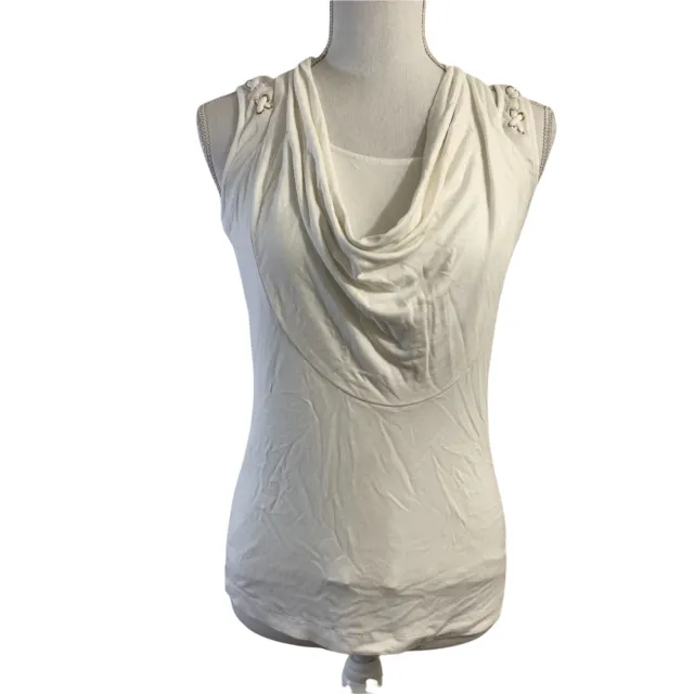White Cache Tank Top Gold Loops on Straps Size XS Cowl Neck