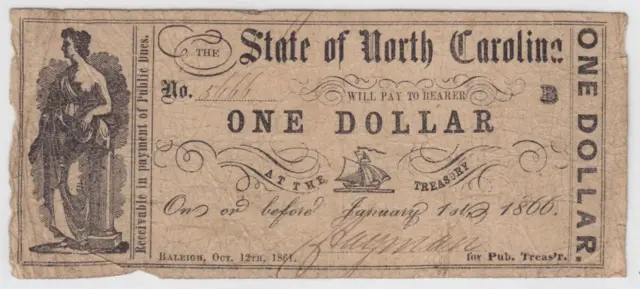 1861 State of North Carolina $1 Obsolete Note NC