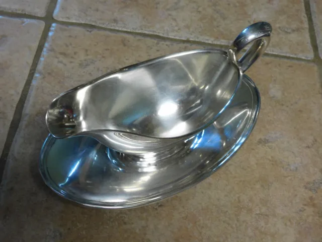 Vtg Gorham Silver Plate Gravy Boat Colonial Pattern, Attached Underplate # Y 430