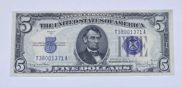 1934 ($5) Uncirculated Silver Certificate  Payable In Silver To Bearer On Demand