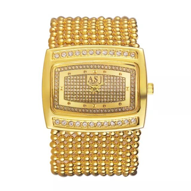 Women's Luxury Gold Plated Square Quartz Wrist Watch Wide Beaded Bangle Bracelet