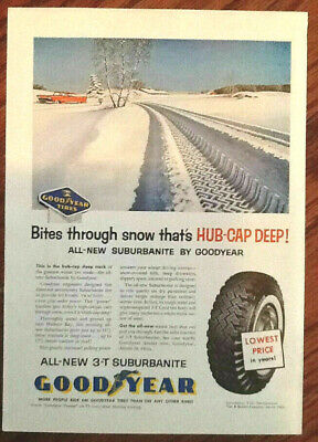 Goodyear tire color ad 1958 original vintage classic car print 1950s snow winter