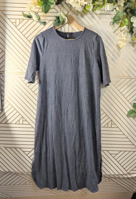 Eileen Fisher Women's Gray Ribbed Knit Sheath Dress Midi Side Slits Stretch XL