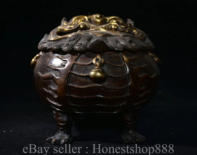 6.4" Marked Old Chinese Copper Gilt Dynasty Lion Beast incense burner Censer