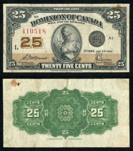Nice 1923 Dominion of Canada Currency Twenty Five Cents Banknote Pick# 11b VF
