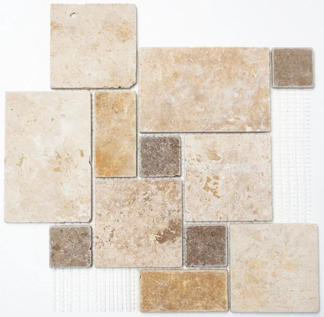 Carreau Mosaïque En Travertin Beige-brun – Réf. 43-46474_b – Neuf En Plaque, Décoration Naturelle