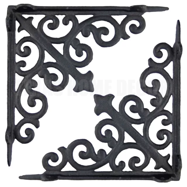 2 Cast Iron Fleur De Lis Shelf Brackets Scrolls Victorian Style Antique Black 8"