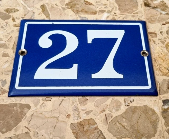 Vintage French enamel house sign number 27 for door street wall entry portal .