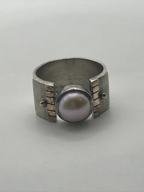 Vintage 925 Modernist Signed Sterling Silver Pearl Ring Size 6.75