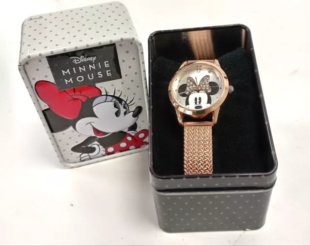 Disney Minnie Mouse Watch Rose Gold Case & Mesh Band In Original Disney Gift Tin
