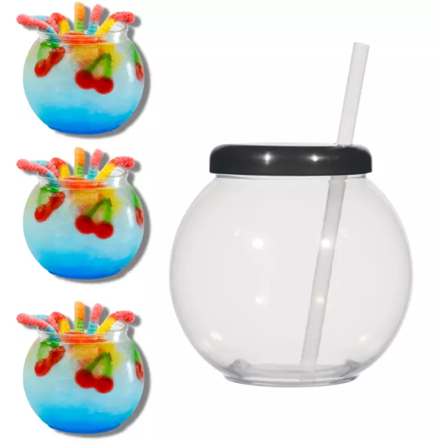 TIPSY UMBRELLA (4pack) Fish Bowl Cocktail Drink Cups W/ Lid and Straw - (20oz)