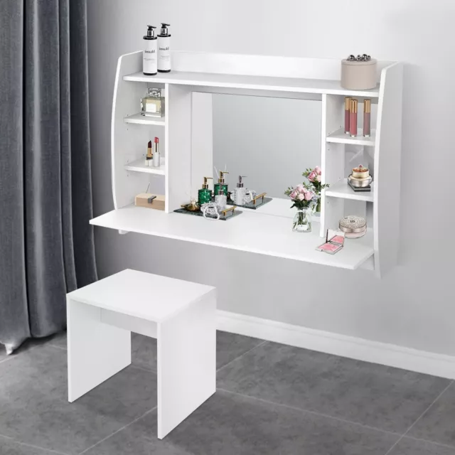 Set tavolino da trucco a muro specchio con sgabello toeletta bianca make-up