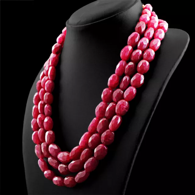 1040.00 Cts Earth Mined Rich Red Ruby 3 Strand Oval Faceted Beads Necklace (Dg)