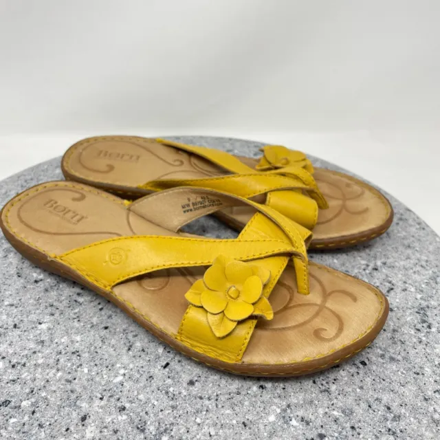Born Sandals Womens 9 Yellow Leather Comfort Slip On Flip Flop Flower