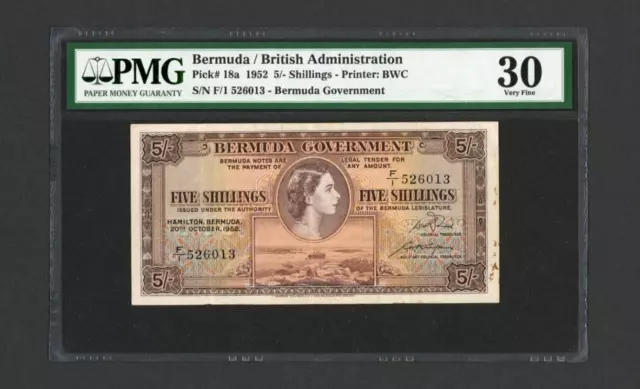 BERMUDA Banknote P18a , 1952 , 5 Shillings  PMG 30 Queen Elizabeth QEII