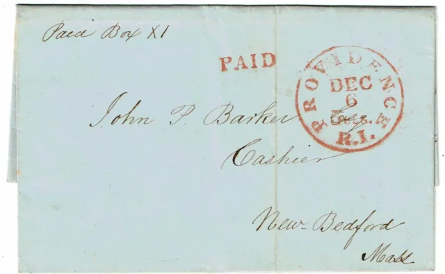 1850 Providence, RI 5cts cancel and PAID in red on cover, m/s "Paid Box XI"