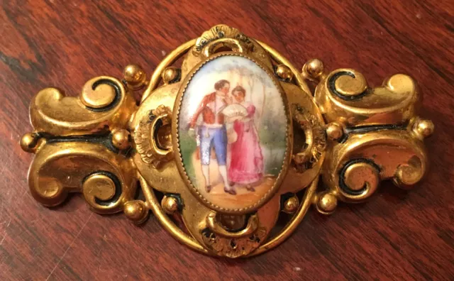 Antique Victorian Cameo Portrait Brooch Gold Gilt Hand Painted Porcelain Pin