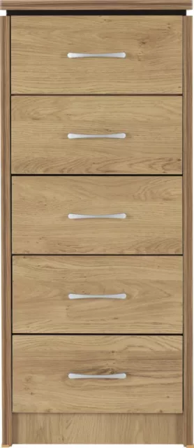 Charles 5 Drawer Narrow Chest of Drawers Oak Effect Finish with Walnut Trim 3