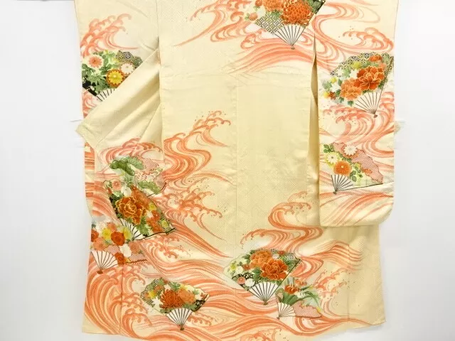 11360# Japanese Kimono / Antique Furisode / Embroidery / Fan & Flower