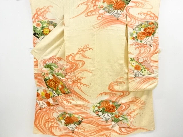 11360# Japanese Kimono / Antique Furisode / Embroidery / Fan & Flower