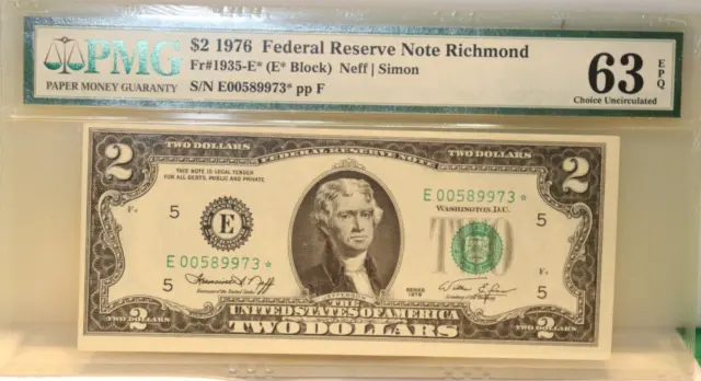 1976 Star Note  $2 FRN Richmond FR1935-E Neff/Simon PMG 63 EPQ