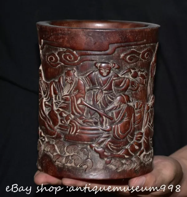 6.2" Old Chinese Huanghuali wood Carved Dynasty Figure Brush pot Pen container