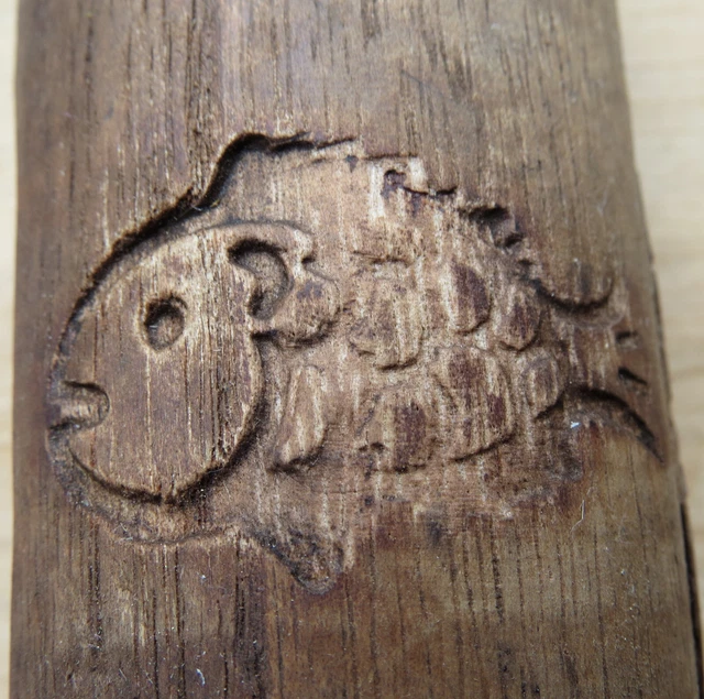 Japanese Fishing Float WOODEN Cylinder Kanji-Marked FISH Makers Marks Ancient