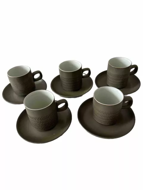 5 X Denby Chevron Coffee Cups and Saucers Vintage