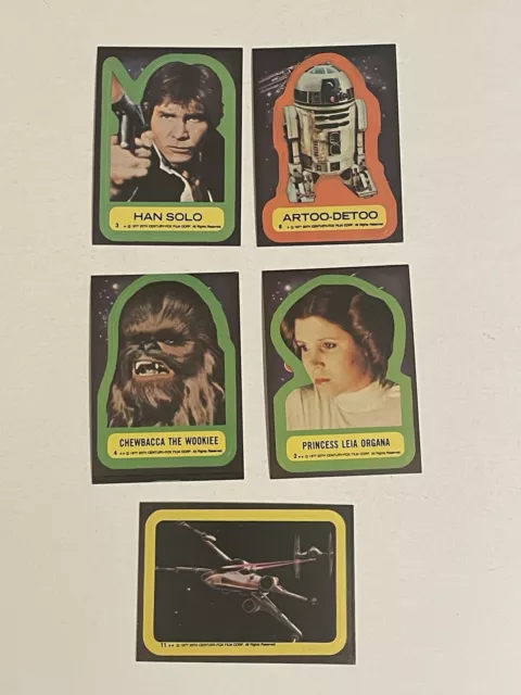 1977 Topps Star Wars Sticker Card Lot of 5 R2-D2 Liea Solo Chewbacca Xwing Tie